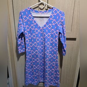 NWOT MAHI GOLD Blue and Pink 3/4 Sleeve Resort Wear Midi Dress